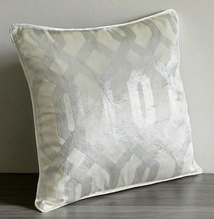 Claudette Velvet Foil Print Filled Cushion in Ivory