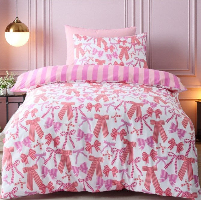 Striped & Bow Duvet Cover Set in Pink
