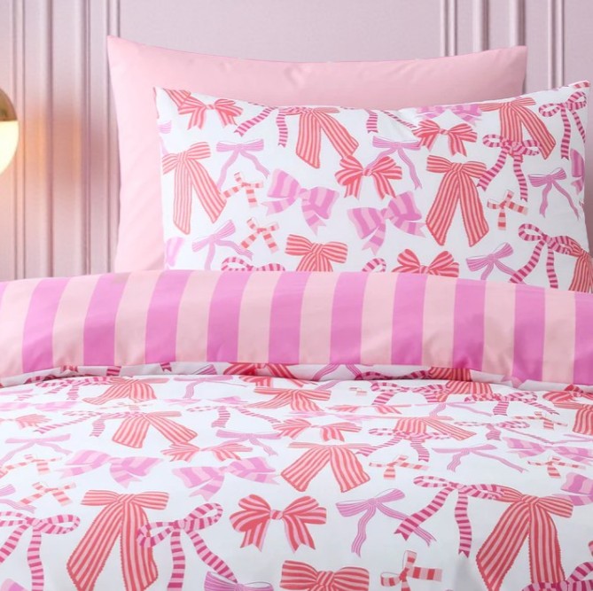 Striped & Bow Duvet Cover Set in Pink